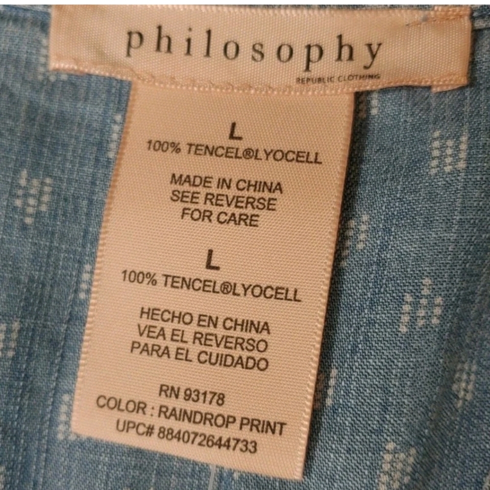 Philosophy Tunic Shirt Dress Woman Large Blue Raindrop Print Tencel Lace Up Nwt - Picture 10 of 14